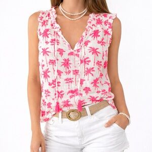 Vineyard Vines Pink Palm Tree Print Tassel Sleeveless Preppy Top Size L